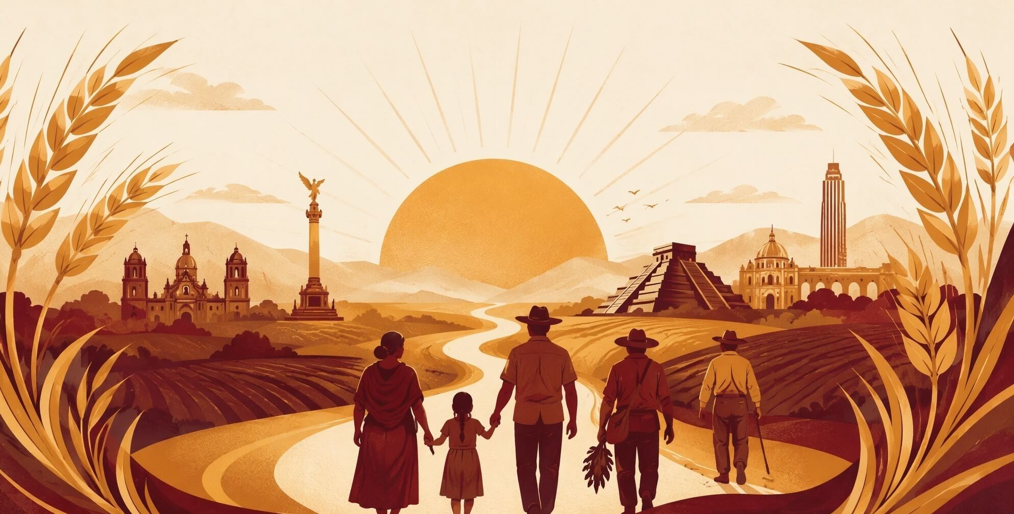 Ilustración del pueblo de México caminando hacia el bienestar
