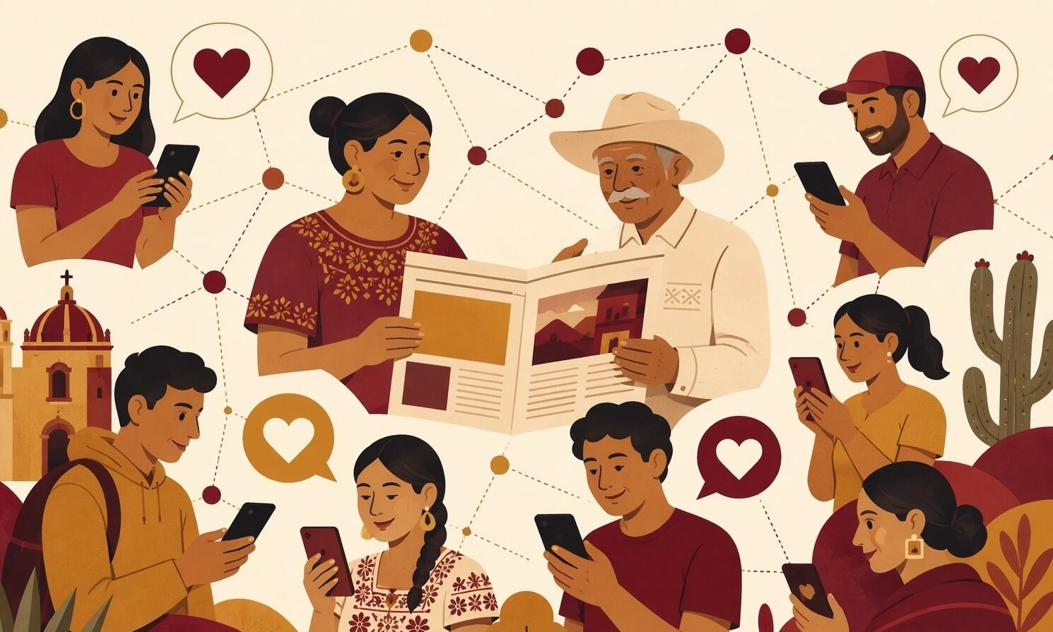 Ilustración de lectores conectados con Rumbo al Bienestar